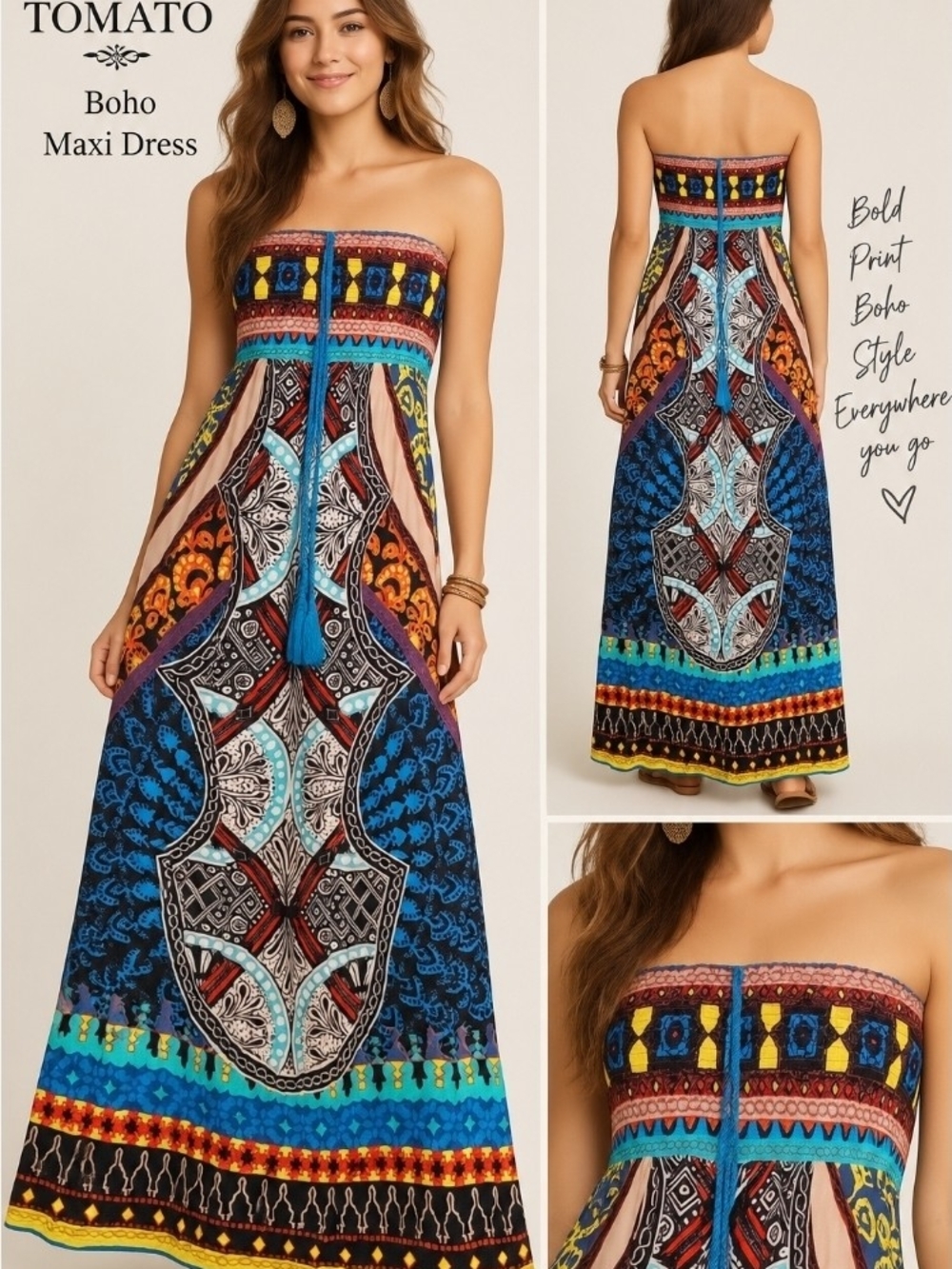 Flying Tomato L Boho Smocked Maxi Dress Colorful Tribal Geometric Paisley Print